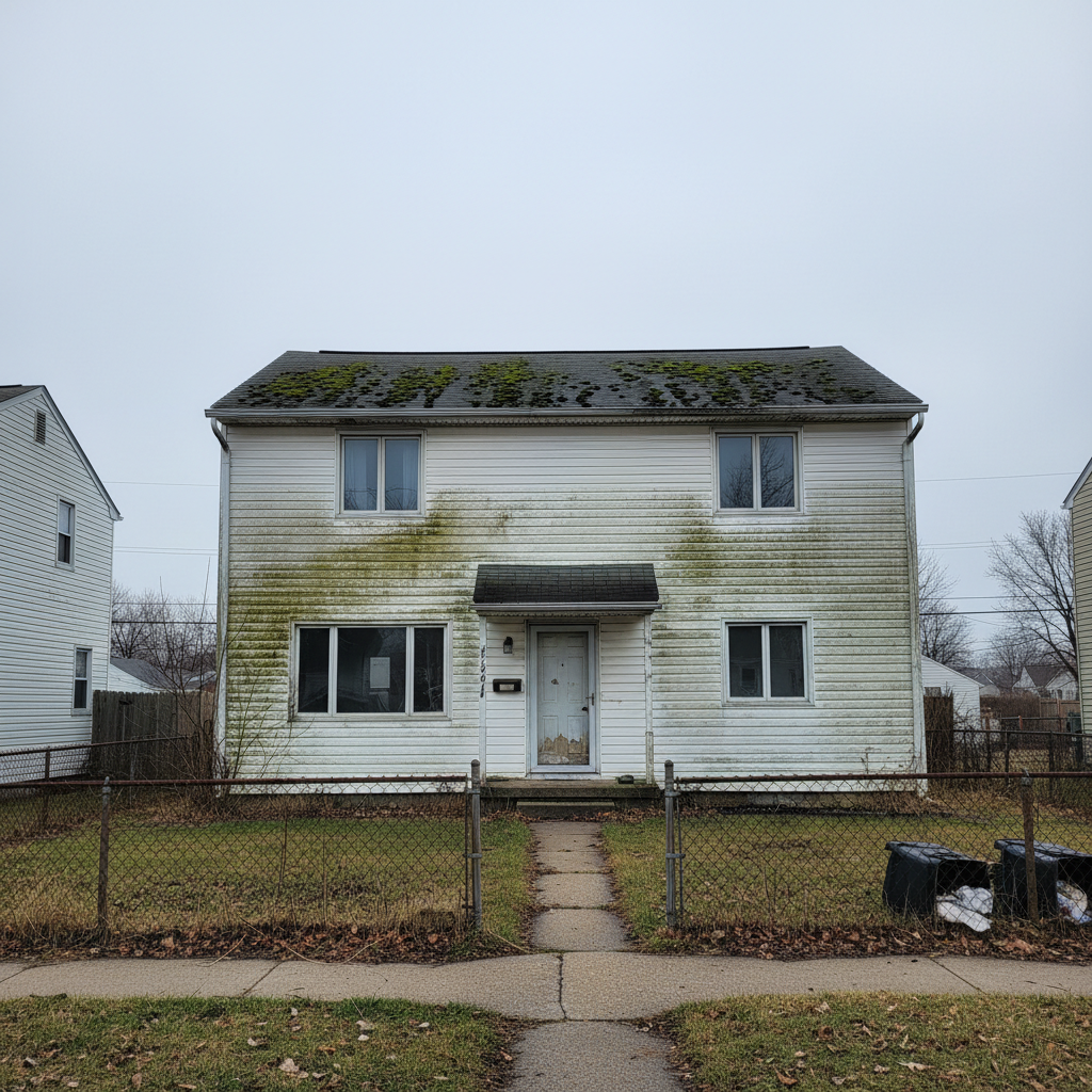 House exterior before pressure washing service - covered in dirt and algae