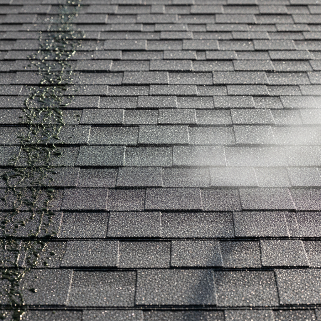 Clean dark asphalt shingle roof free of algae and streaks