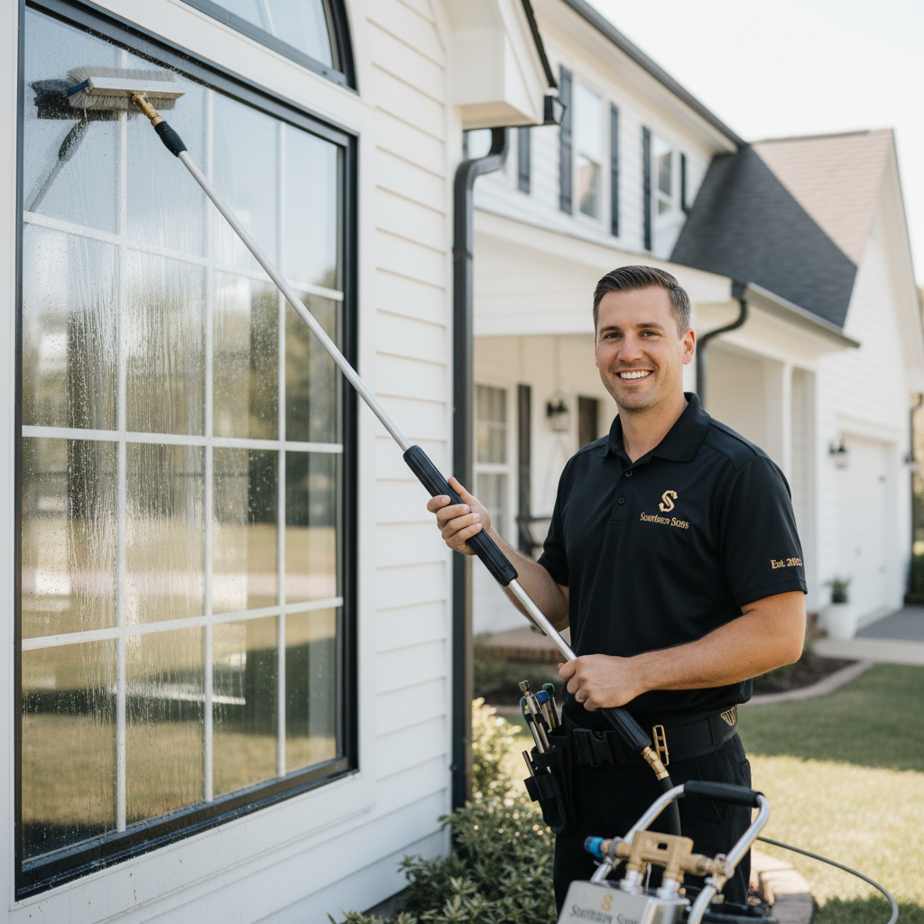 Professional pressure washing technician cleaning exterior windows